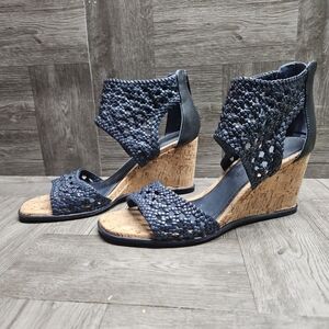 Donald Pliner Women’s Blue Lagos Cork Wedge Sandals 8M Woven Peep Toe Shoes